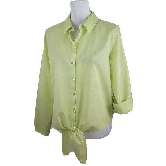 Chico's ~Woman Size 1 (M)~Lemon Yellow No Iron Cotton Tie Front Shirt Blouse Top - Picture 8 of 12